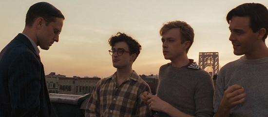 Ben Foster as William S. Burroughs, Daniel Radcliffe as Allen Ginsberg, Dane DeHaan as Lucien Carr and Jack Huston as Jack Kerouac in Kill Your Darlings